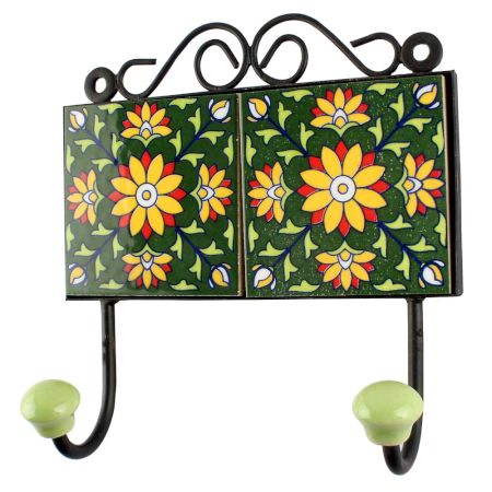 Sunflower Ceramic Tile Hook With Forest Green
